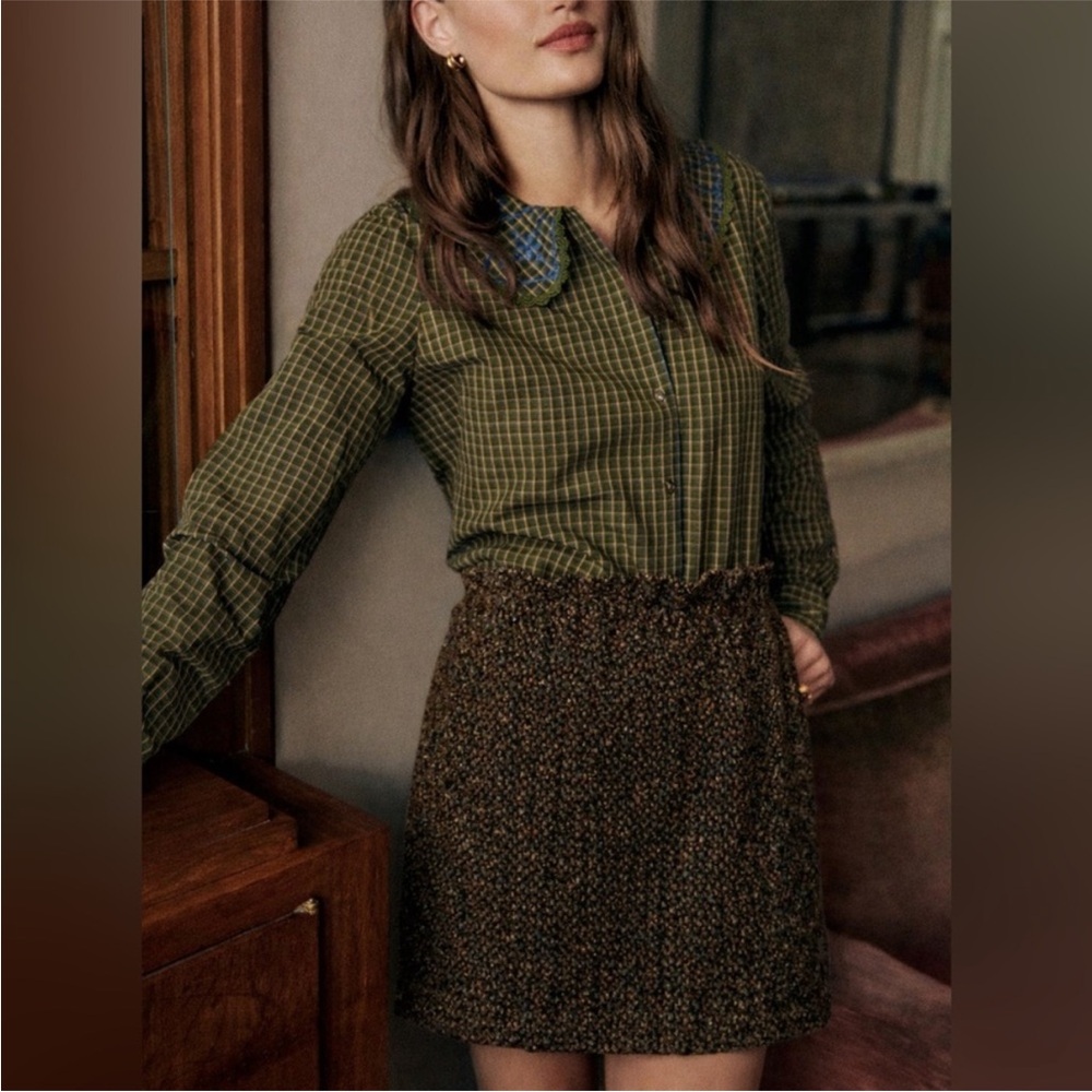 MILLY NY Wool Mohair Blend Brown Olive Mini Pleated Skirt